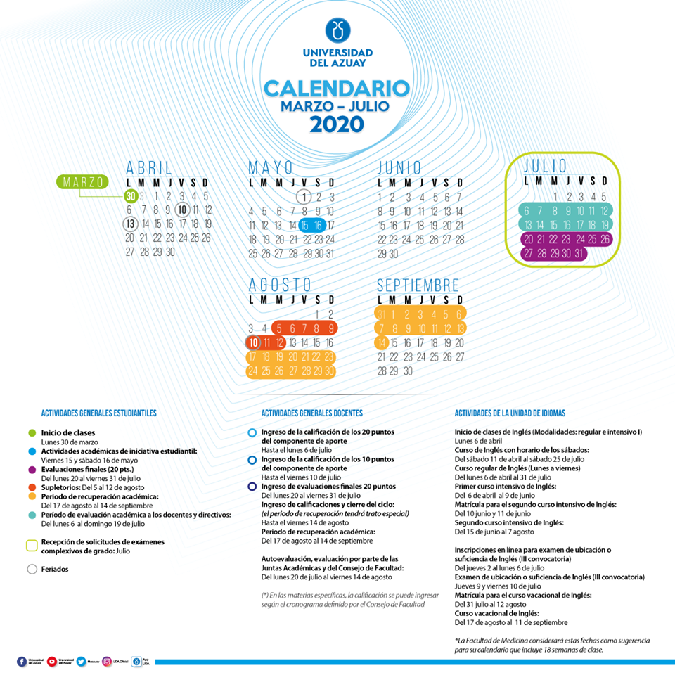 Calendario Académico, ciclo Marzo-Agosto 2020